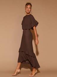 COSMINA Women's Elegant Ruffle Trim Round Neck Long Dress, Suitable For Dates, Parties, All Seasons, Chocolate Brown Dress, Brown Elegant Dress Women, Brown Two Piece Set Women, Coffee Brown Dress, Brown Wedding Guest Dress