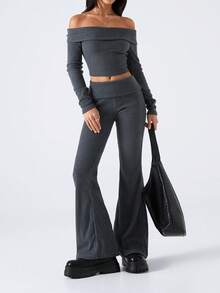 SHEIN EZwear 2 件套女士纯色露肩长袖短款上衣和喇叭裤时尚套装，春夏 - 灰色 - 查看 4