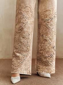 Anewsta Elaire 女士高腰时尚刺绣镂空宽松直筒阔腿牛仔裤 - 卡其色 - 查看 2