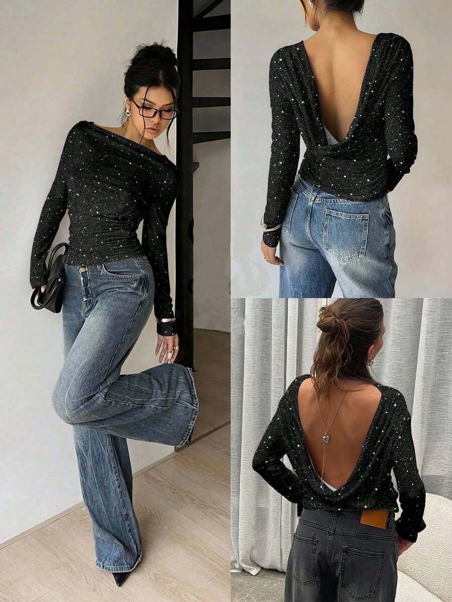 Siren Gaze Damen sexy, romantisch, elegant rückenfreies Pailletten glänzendes Langarm T-Shirt, geeignet für Pendeln, Partys, Jahrestreffen, Dates, Ausflüge, Kombinationen, schick, Neujahrsstimmung