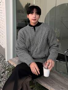 DAZY Men's Textured Jacquard Cardigan, Autumn/Winter - Grey - View 1