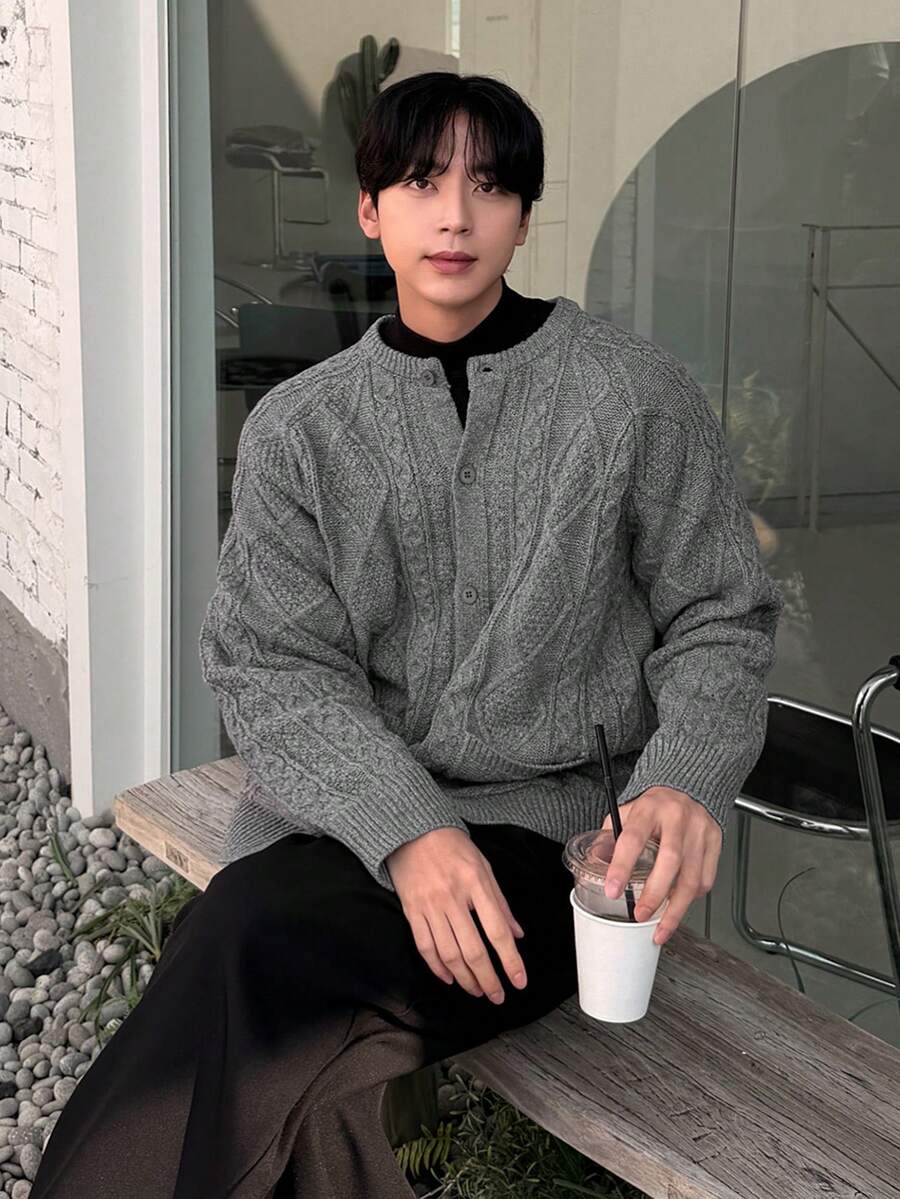 DAZY Men's Textured Jacquard Cardigan, Autumn/Winter - Grey - View 1