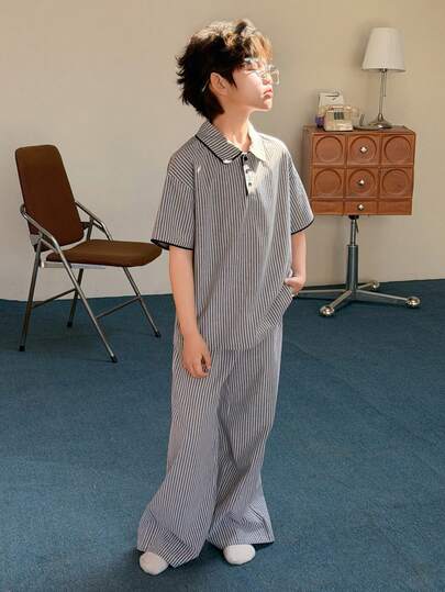 DAZY Tween Boy Striped Short Sleeve Top And Pants Pajama Set Spring