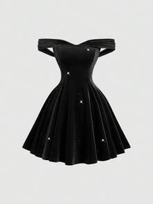 Sweetra Petite 女士露肩派对鸡尾酒迷你连衣裙，适合宴会、派对、日常穿着，秋冬季款 - 黑色 - 查看 3