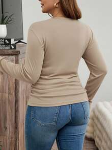 SHEIN LUNE Plus Size Khaki Ruched Long Sleeve T-Shirt Casual Round Neck Knitted Top Regular Length - Khaki - View 2
