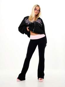 SUMWON WOMEN Flared Black Fold Over Waistband Pants With Pink Script Graphic Detail Bootcut Comfortable Casual Lounge Sweatpants