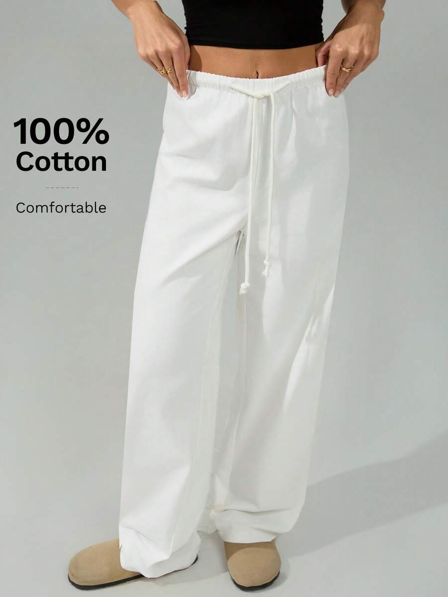 SHEIN Tall 100% 纯棉女式白色梭织裤，舒适秋冬春夏，百搭休闲装 - 白色 - 查看 1