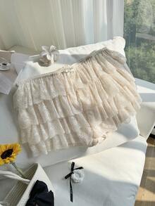 CovetEZ Plus Size Women Casual Solid Color Ruffle Hem Bow Decor Shorts, Suitable For Spring And Summer Lace Bloomers Lace Shorts Ruffle Shorts - Beige - View 2