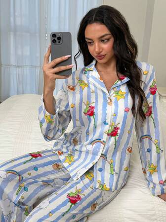 LE PETIT PRINCE X SHEIN Women's Loose Striped Watercolor Cartoon Fox, Rose & Planet Pattern Long Sleeve Top & Long Pants Pajama Sets, Back To School, For School, Fall And Winter