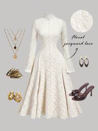 SHEIN MOD Glamorous Vintage Women's Apricot Plain Jacquard Long Sleeve Stand Collar Elegant Dress - Perfect For Dates, Parties, And Holidays, Suitable For Cruise Wear, Graduation Dresses, Hawaiian Outfits, Carnival Attire, Flowing Dresses, Ball Gowns, And Tea Party Fashion