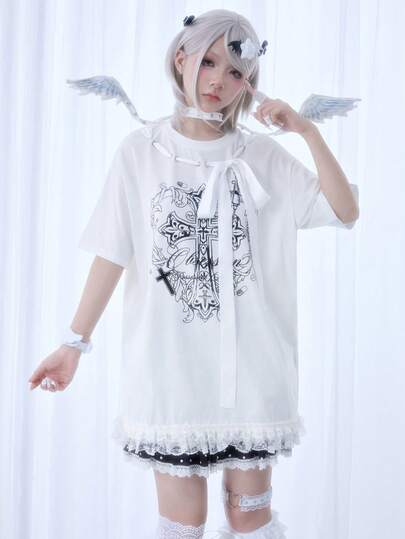 J-Fashion Cute Punk Landmine Cross Print Loose Women T-Shirt