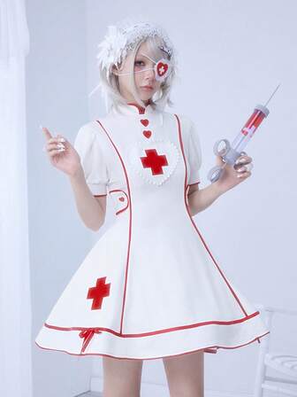 Kawaii Lolita Nurse Style Cosplay Cute Sweet Cross Embroidery Puff Sleeve Mini Dress For Women