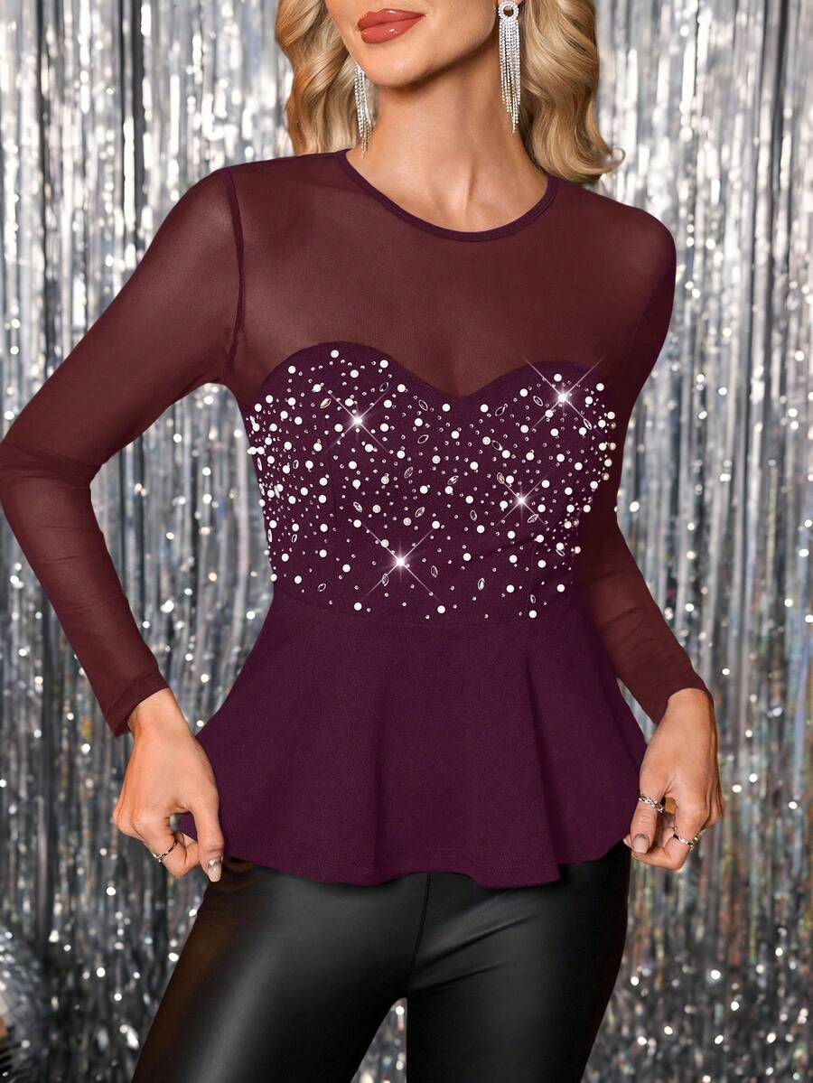 SHEIN Clasi 女士水钻珍珠网纱拼接长袖T恤，奢华闪亮，适合派对、聚会、圣诞节、新年等场合 - 中紫紅色 - 查看 1