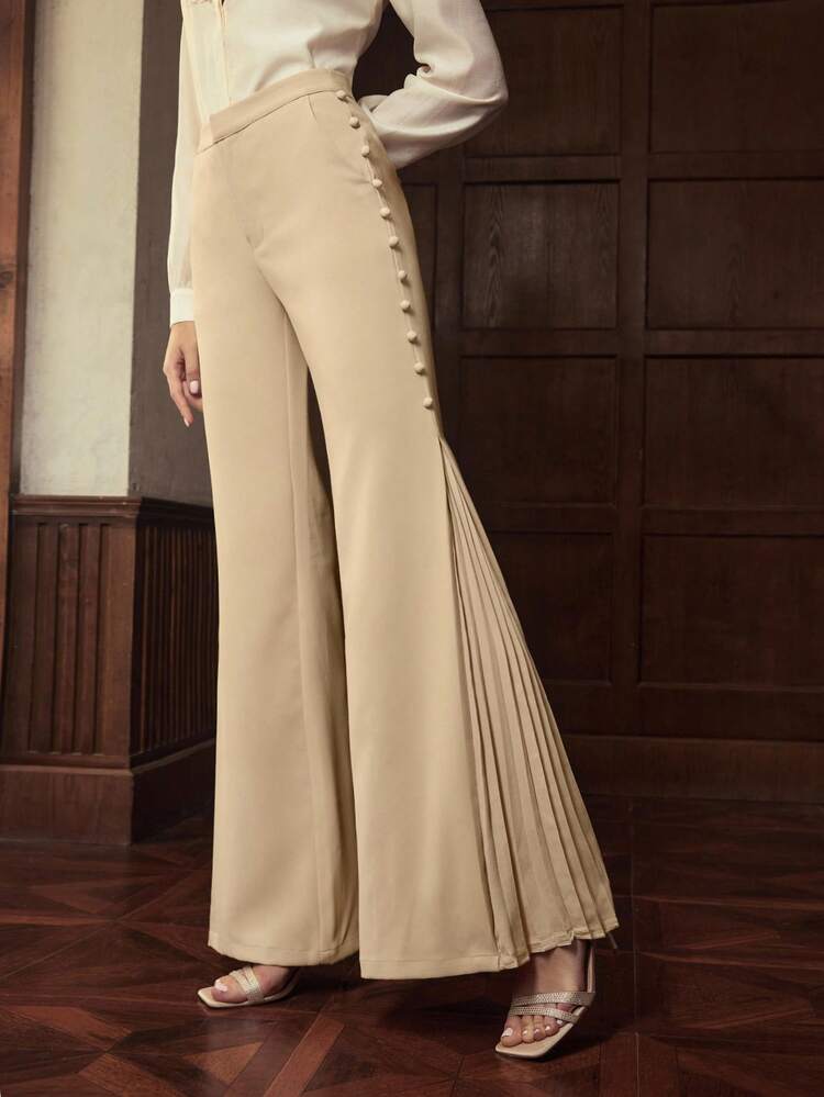 ZEYLAH Niche Design Women Button Flare Leg Solid Color Pants Fall Cloth For Women