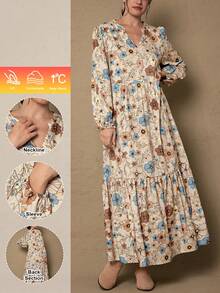 SHEIN LUNE 大码女士秋冬飘逸舒适修身印花长袖连衣裙，V领设计，适合冬季穿着，也可作为万圣节服装、娃娃款长裙、休闲外出服、教师装等。 - 彩色 - 查看 9