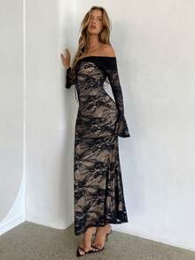 Aloruh Women's Autumn/Winter New Sexy, Charming, Elegant Black Floral Lace Bodycon Off Shoulder Long Sleeve Maxi Dress, Suitable For Party, Date, Holiday - Black - View 8