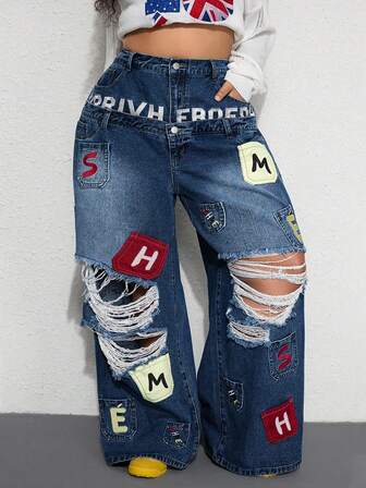 Street Life Jeans in stile casual da strada Y2K, con design ricamato sulle tasche e doppia vita, vestibilità morbida e oversize