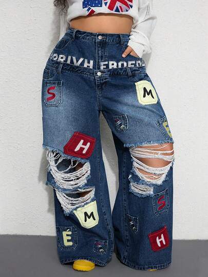 Street Life Y2K Lässiger Street-Style Jeans mit Tasche und Stickerei-Design, doppelter Bundweite, weite Passform in Große Größen