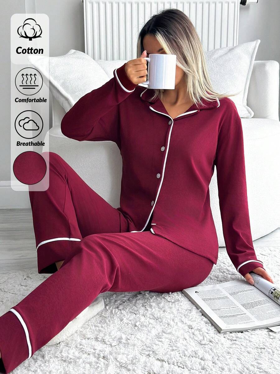 EURMUSE Classic Button Front Pajama Set – Soft Long Sleeve Top & Comfy Straight Leg Pants Burgundy Loungewear - Burgundy - View 1
