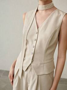 MOTF PREMIUM Bộ 2 món: Áo gile màu yến mạch & Quần dài nữ cao cấp dáng rộng, trang phục công sở chuyên nghiệp, phong cách tối giản thanh lịch, quyến rũ như nữ thần. - Màu be - Xem 2
