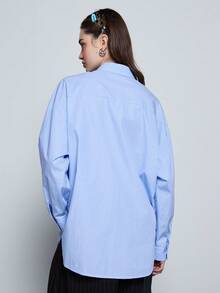 COUREZ Áo sơ mi công sở tay dài dáng rộng / Trang phục mùa đông Y2K cho nữ, áo sơ mi thường ngày, áo sơ mi công sở cho nữ, áo kiểu dự tiệc năm mới. - Màu xanh lam - Xem 3