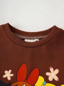 THE POWERPUFF GIRLS X SHEIN Young Girl Cute Cartoon Pattern Plaid Patchwork Dress, Autumn - Coffee - View 3