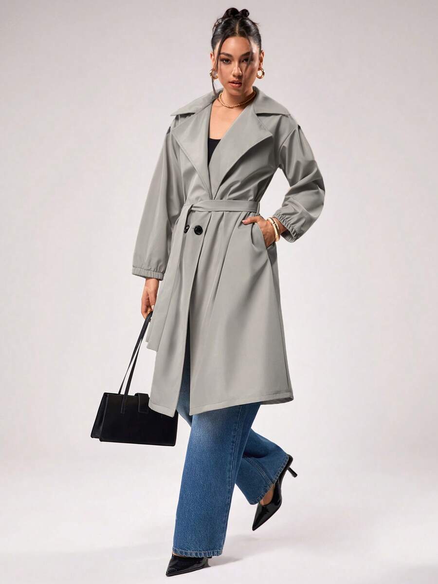 EURMUSE Beige Belted Trench Coat With Gathered Sleeves – Stylish Mid-Length Outerwear For Women - Beige - View 1