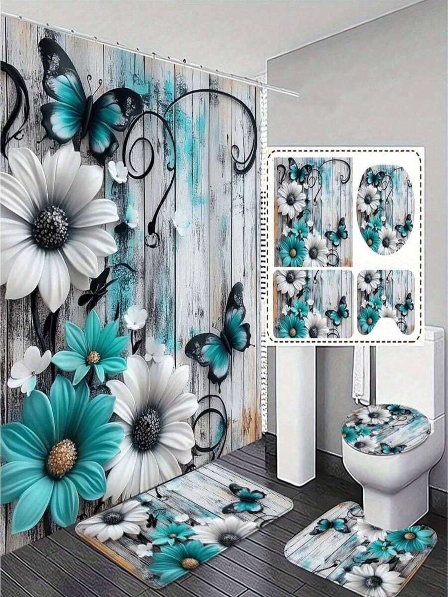 Set de 4 piese, set de baie elegant și simplu, albastru-verde, cu fluturi florali - perdea de duș și serie de covoare, cadou rafinat și practic pentru decorarea casei.
