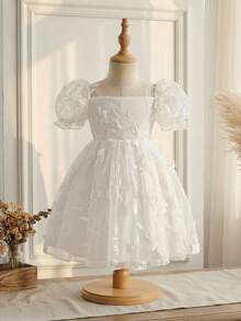 SHEIN Đầm lưới trắng kiểu công chúa đa năng cho bé gái, mềm mại và thoải mái, thích hợp mặc ở nhà, đi chơi và dự tiệc, mùa hè. - trắng - Xem 10