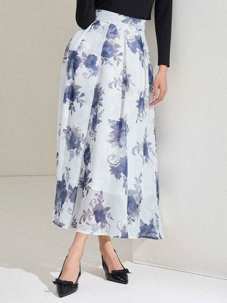 Women's Elegant Commuter Butterfly Print Pleated Skirt