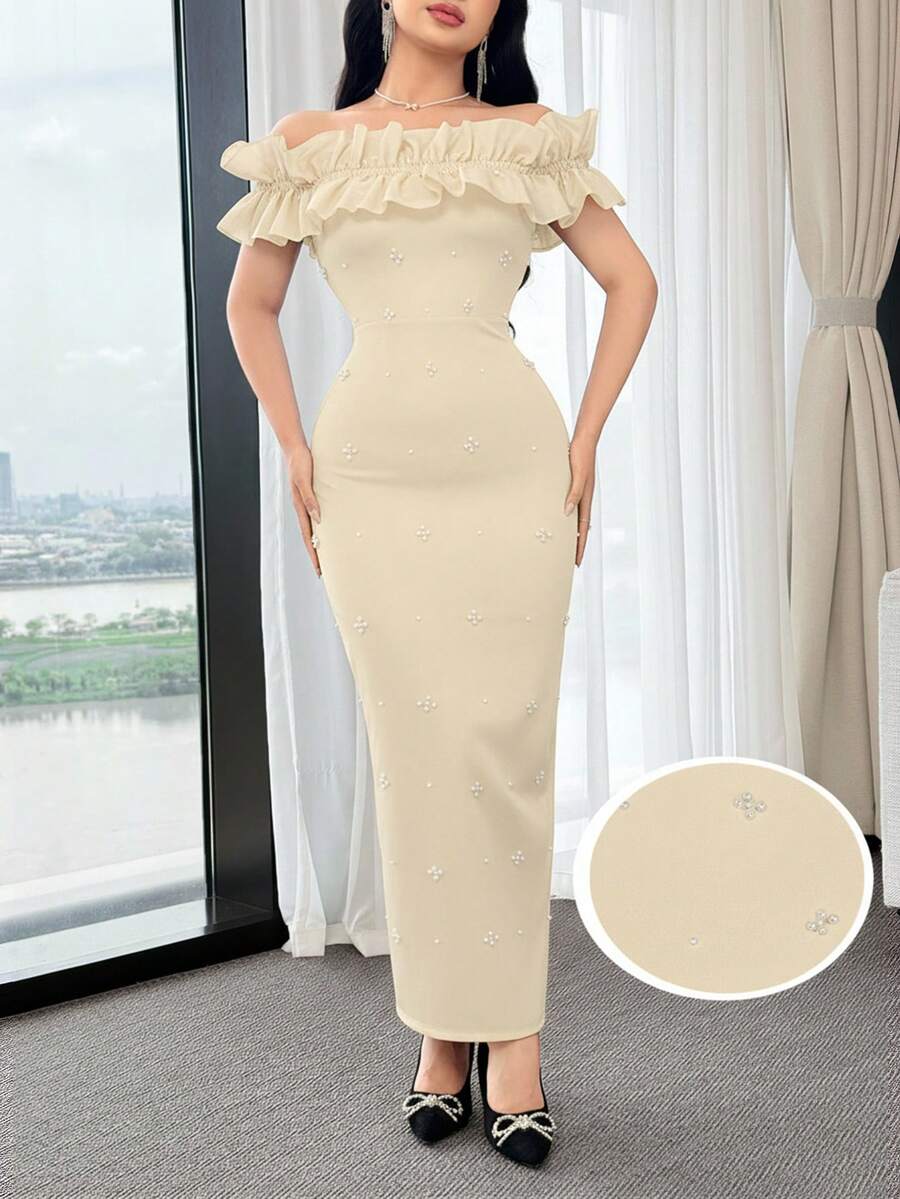 Feyla Đầm nữ thanh lịch trễ vai màu trơn, viền bèo nhún, đính ngọc trai giả, dáng ôm, thích hợp cho mùa hè. - Màu be - Xem 1