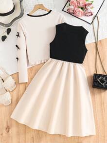 2pcs Girls Outfit Set: Open Front Long Sleeve Shrug Jacket With Ruffle Trim And Contrast Collar, Bowknot Accent + Sleeveless Ruffle Hem Dress, Spring/Autumn - Multicolor - View 2