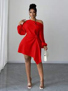 Maweii 优雅褶皱玫瑰花卉不对称下摆泡泡袖收腰休闲通勤大码女装连衣裙，春/秋/冬 - 紅色 - 查看 3