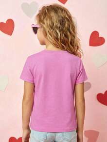 Niña camiseta casual diseño LOVE corazón estampado tridimensional tejido suave ajuste regular primavera verano uso diario T‑shirt - Rosa - Ver 3