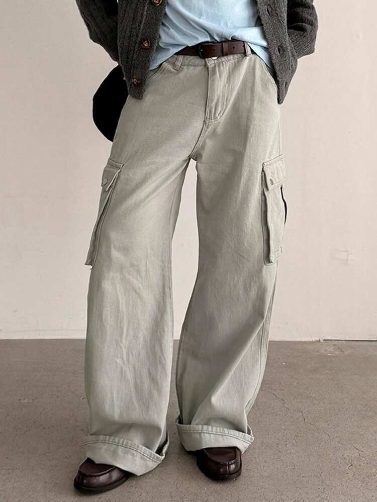 Men's Solid Color Pocket Cargo Style Washed Distressed Denim Jeans, Spring/Autumn