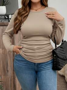 SHEIN LUNE Plus Size Khaki Ruched Long Sleeve T-Shirt Casual Round Neck Knitted Top Regular Length - Khaki - View 7