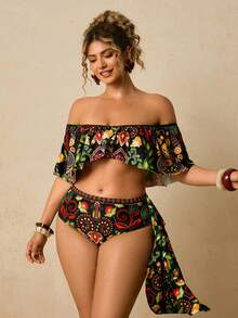 Travachic 大码女士黑色热带印花泳装套装，露肩荷叶边泳装 - 黑色 - 查看 5