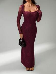 SHEIN Tall Đầm maxi đen ôm sát cơ thể, dài tay, dáng chữ S, chất liệu ren, có gọng nâng ngực, cổ vuông, ôm sát, dành cho nữ, thích hợp cho các buổi tiệc mùa hè, hẹn hò. - Màu tím - Xem 7