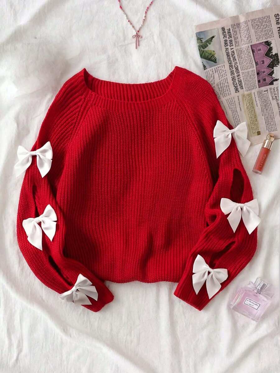 SHEIN 青少年女孩休闲圆领长袖镂空蝴蝶结针织毛衣,秋冬 - 紅色 - 查看 1