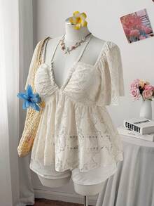 Sweetra Nueva blusa elegante y sexy para vacaciones de resort de playa con textura de encaje calado, volantes fruncidos, tirantes y mangas abullonadas para mujeres, cintura ceñida estilo bohemio - Albaricoque - Ver 4