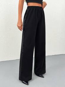 Cloudara Women's Solid Side Sequin Striped Elegant Wide Leg Good Quality Pants - Black - View 4