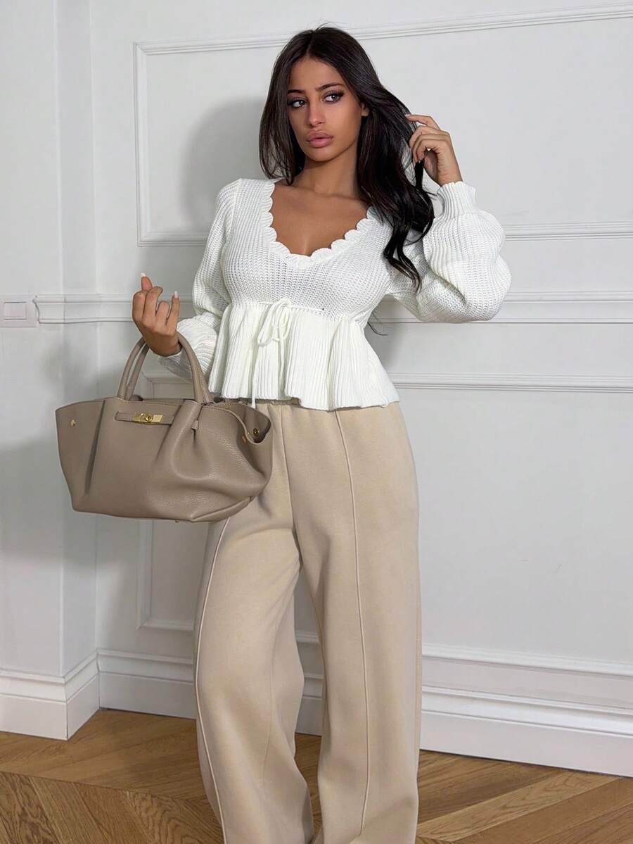 Ronhire Women Sweaters Scallop Dasi Depan Plain Casual - Krem - View 1