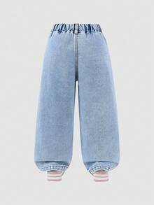 Young Girls Fashion Snowflake Washed Distressed Embroidered Flare Pants - Light Wash - View 3