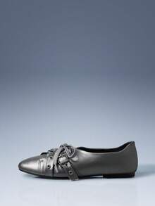 CUCCOO GRLICON Women's Lace-Up Buckle Rivet Flat Loafers Valentine's Day - Dark Grey - View 3