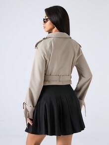 LYSMO Double Button Buckle Cuff Crop Trench Coat In Fall/Winter - Apricot - View 2
