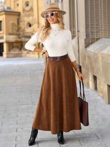 Solivie Falda larga de unicolor para mujer, de moda para el transporte en otoño - Marrón - Ver 4