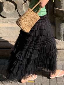 DAZY 女士优雅弹力腰带多层网纱裙 春季 - 黑色 - 查看 9