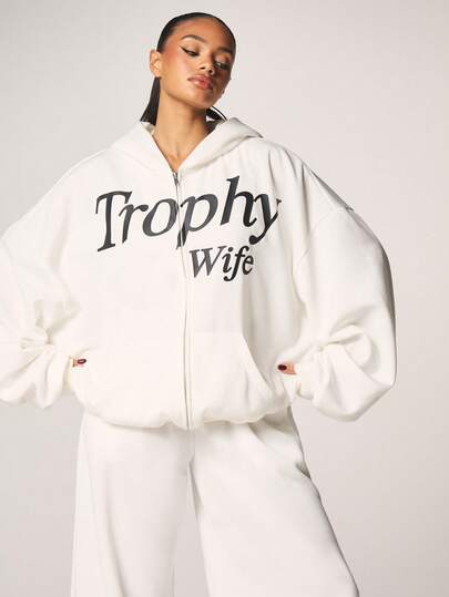MISSGUIDED Trophy Wife Zip Up Hoodie With Front Print And Long Sleeves For Casual Everyday Comfort
