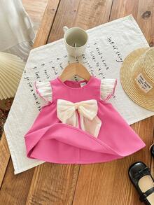SHEIN LMoss Kids 可爱蝴蝶结短袖上衣，夏季百搭，洋红色 - 玫紅色 - 查看 3