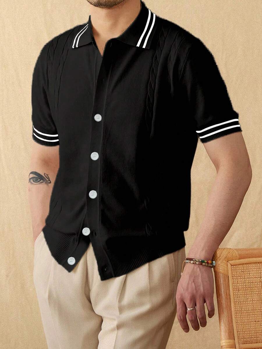 Manfinity Homme Men's Striped Short Sleeve Single-Breasted Casual Knit Top - Black - View 1